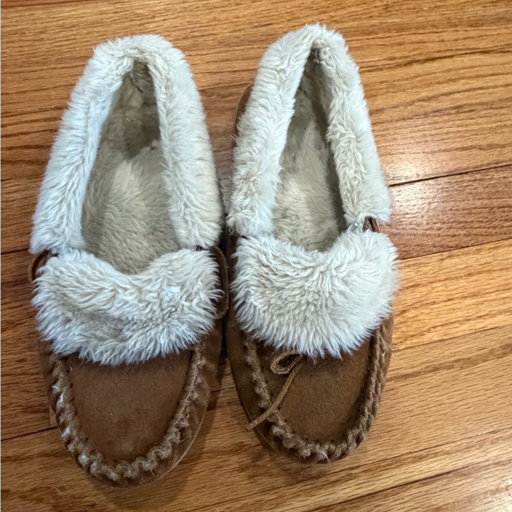 Cozy Faux-Shearling Moccasin Slippers in Chestnut- Jcrew